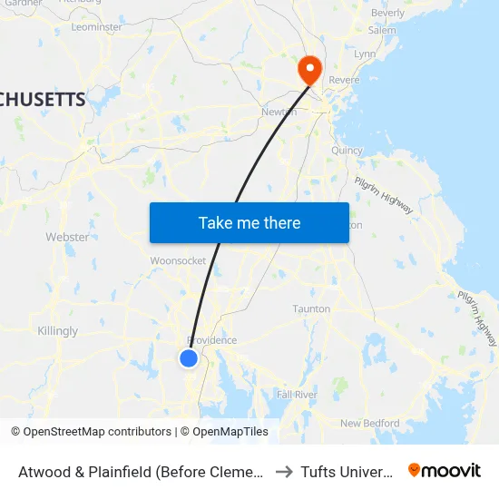 Atwood & Plainfield (Before Clemence) to Tufts University map