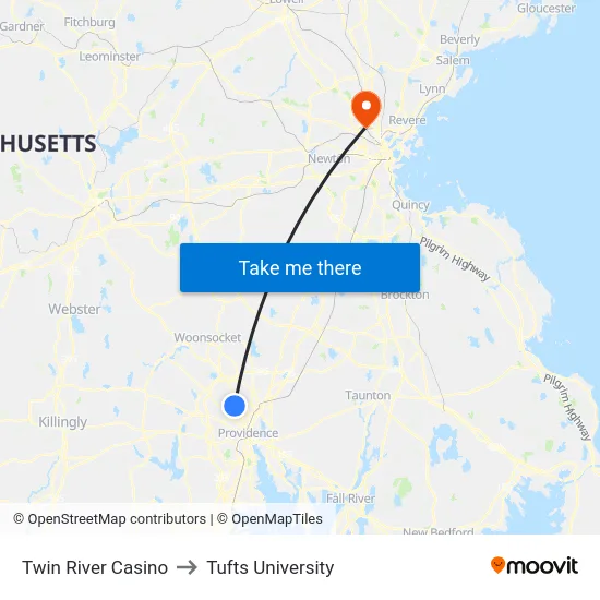 Twin River Casino to Tufts University map