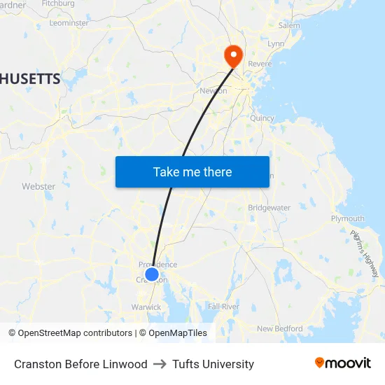 Cranston Before Linwood to Tufts University map