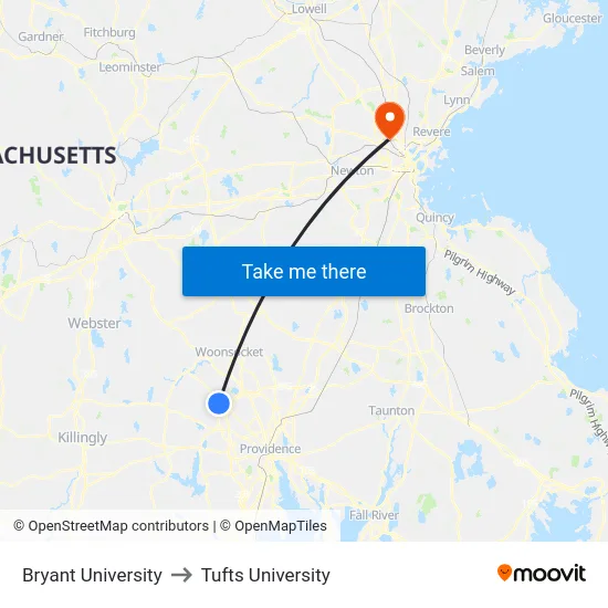 Bryant University to Tufts University map