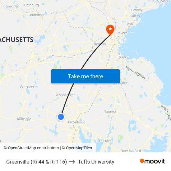 Greenville (Ri-44 & Ri-116) to Tufts University map