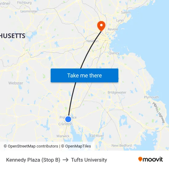 Kennedy Plaza (Stop B) to Tufts University map
