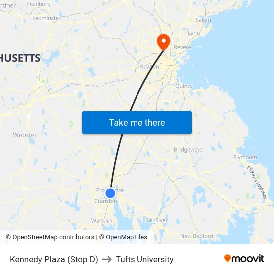 Kennedy Plaza (Stop D) to Tufts University map