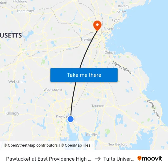 Pawtucket at East Providence High School to Tufts University map