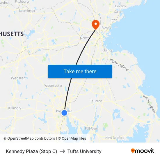 Kennedy Plaza (Stop C) to Tufts University map