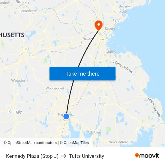 Kennedy Plaza (Stop J) to Tufts University map