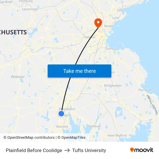 Plainfield Before Coolidge to Tufts University map