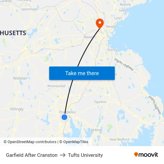 Garfield After Cranston to Tufts University map