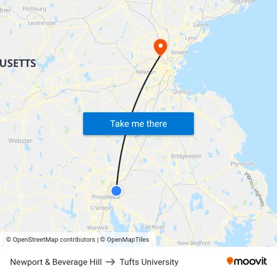 Newport & Beverage Hill to Tufts University map