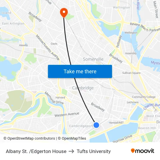 Albany St. /Edgerton House to Tufts University map