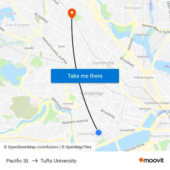 Pacific St. to Tufts University map