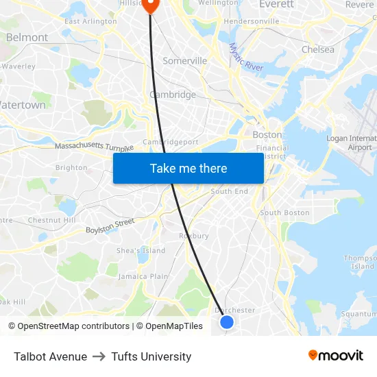 Talbot Avenue to Tufts University map