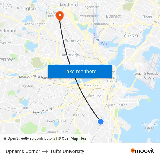 Uphams Corner to Tufts University map
