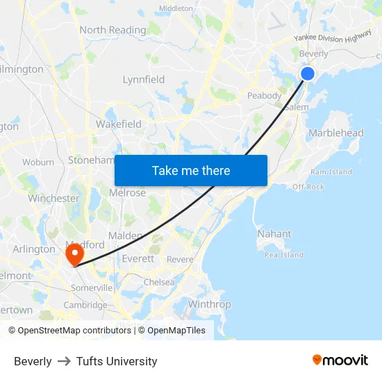 Beverly to Tufts University map