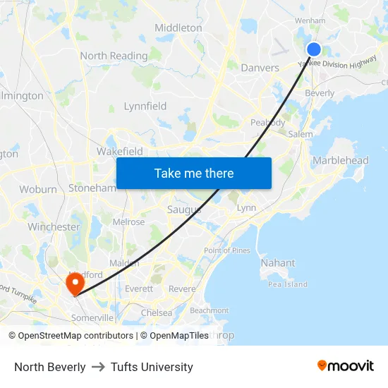 North Beverly to Tufts University map
