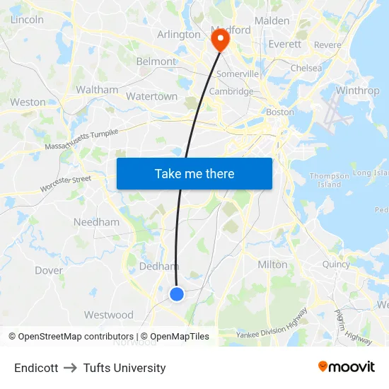 Endicott to Tufts University map