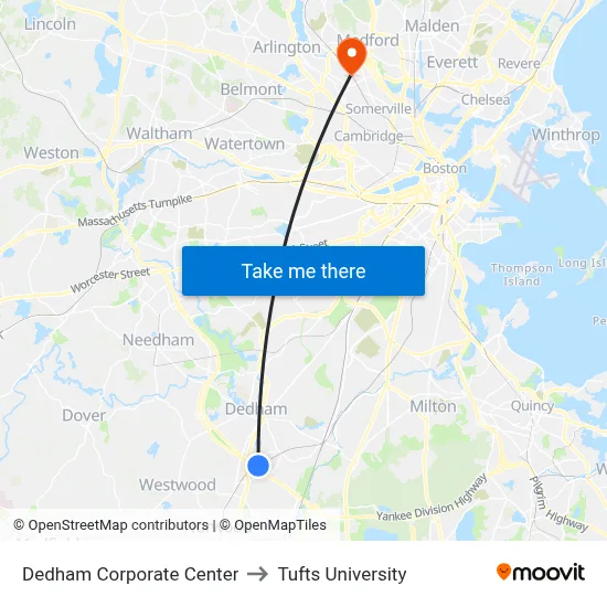 Dedham Corporate Center to Tufts University map