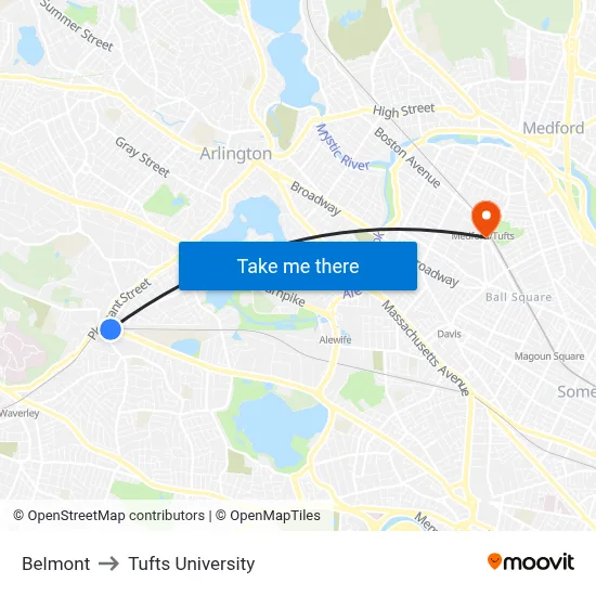 Belmont to Tufts University map