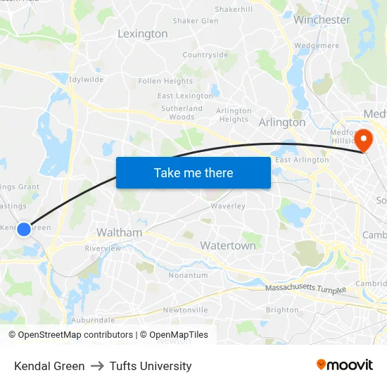 Kendal Green to Tufts University map