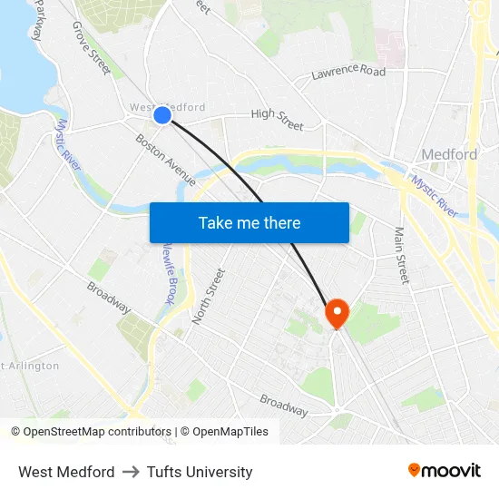 West Medford to Tufts University map