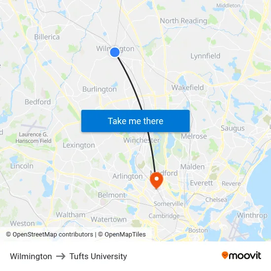 Wilmington to Tufts University map