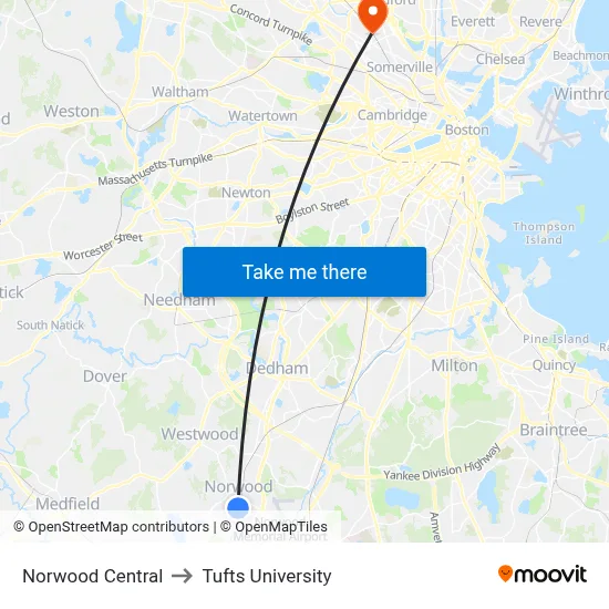 Norwood Central to Tufts University map