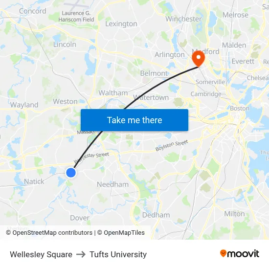 Wellesley Square to Tufts University map