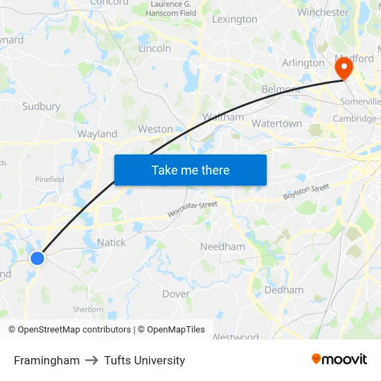 Framingham to Tufts University map