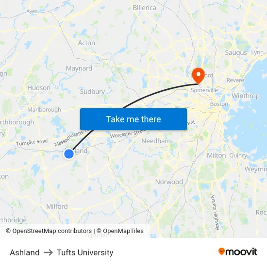 Ashland to Tufts University map