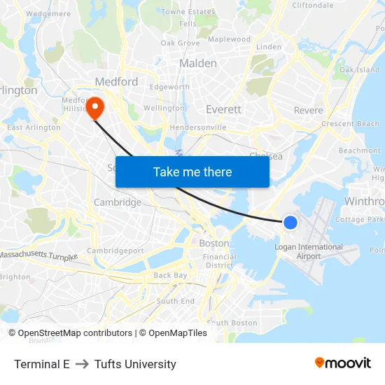 Terminal E to Tufts University map