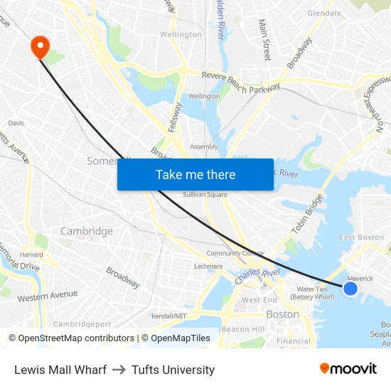 Lewis Mall Wharf to Tufts University map