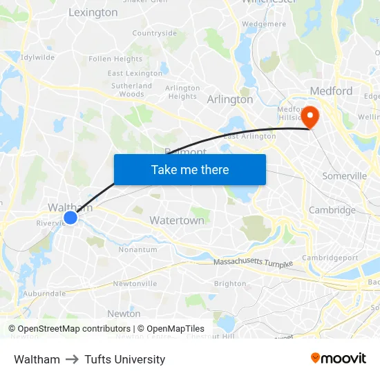 Waltham to Tufts University map