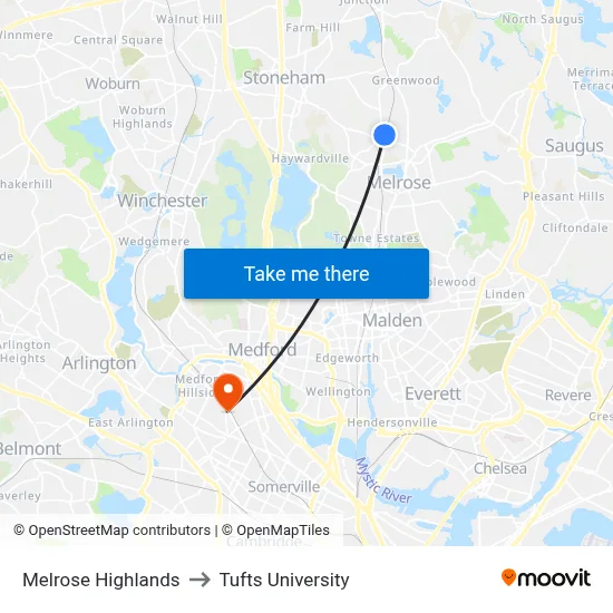 Melrose Highlands to Tufts University map
