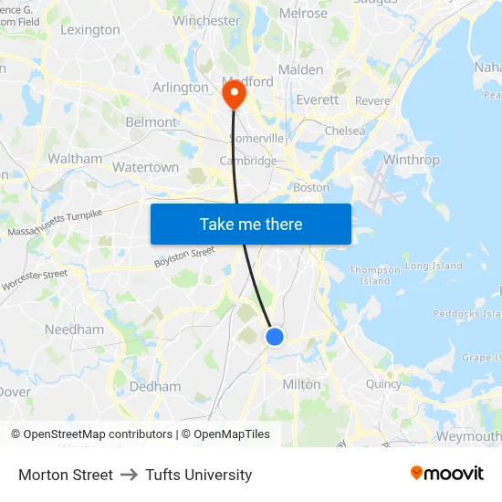 Morton Street to Tufts University map