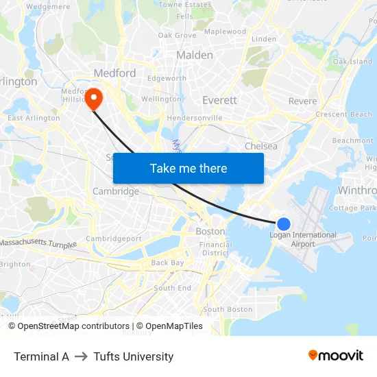 Terminal A to Tufts University map
