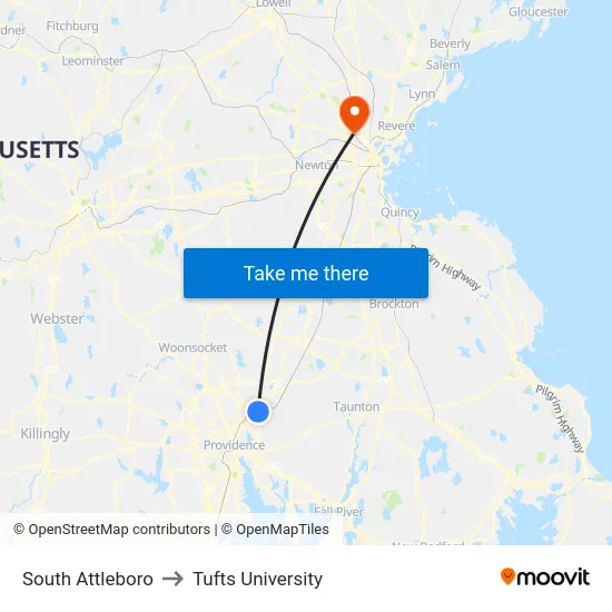 South Attleboro to Tufts University map