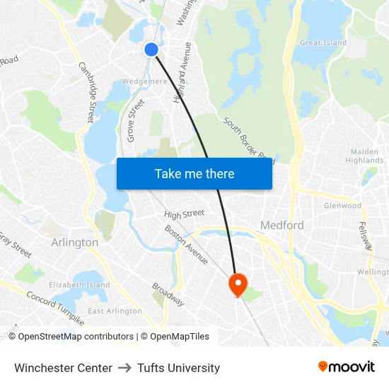 Winchester Center to Tufts University map
