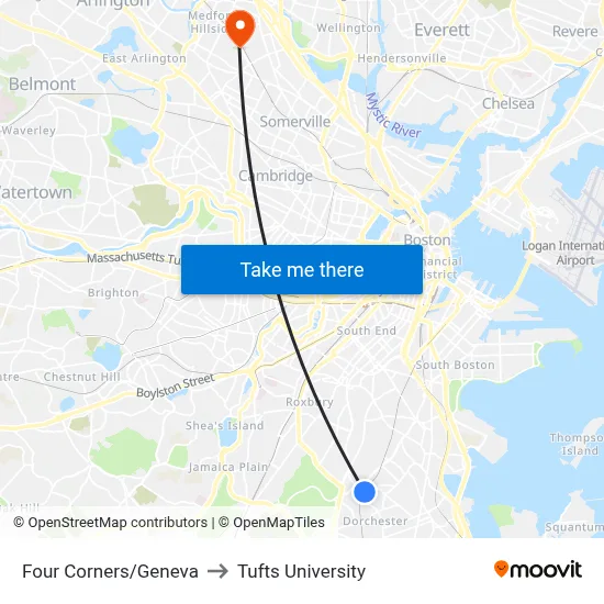 Four Corners/Geneva to Tufts University map