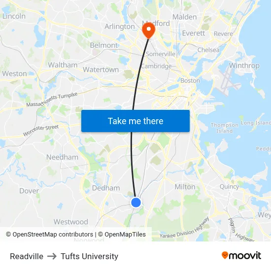 Readville to Tufts University map