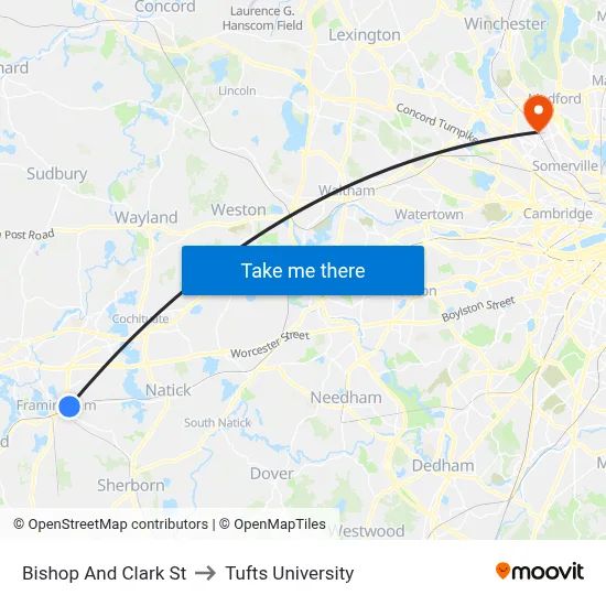 Bishop And Clark St to Tufts University map