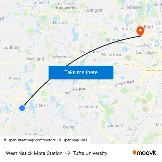 West Natick Mbta Station to Tufts University map