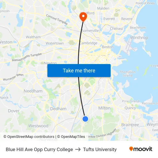 Blue Hill Ave Opp Curry College to Tufts University map