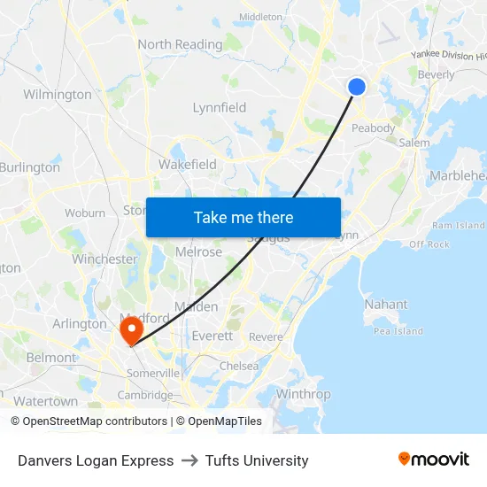 Danvers Logan Express to Tufts University map