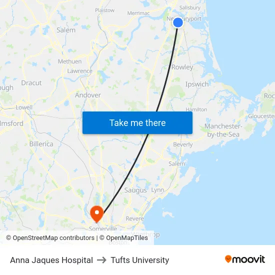 Anna Jaques Hospital to Tufts University map