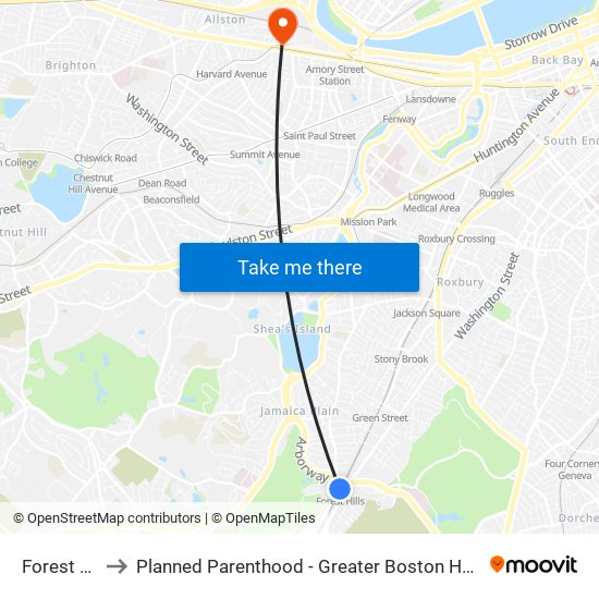 Forest Hills to Planned Parenthood - Greater Boston Health Center map