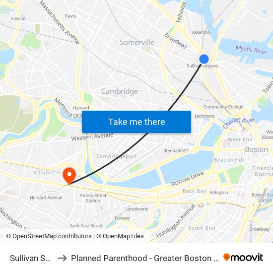 Sullivan Square to Planned Parenthood - Greater Boston Health Center map