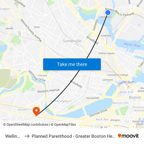 Wellington to Planned Parenthood - Greater Boston Health Center map