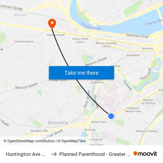 Huntington Ave @ Fenwood Rd to Planned Parenthood - Greater Boston Health Center map