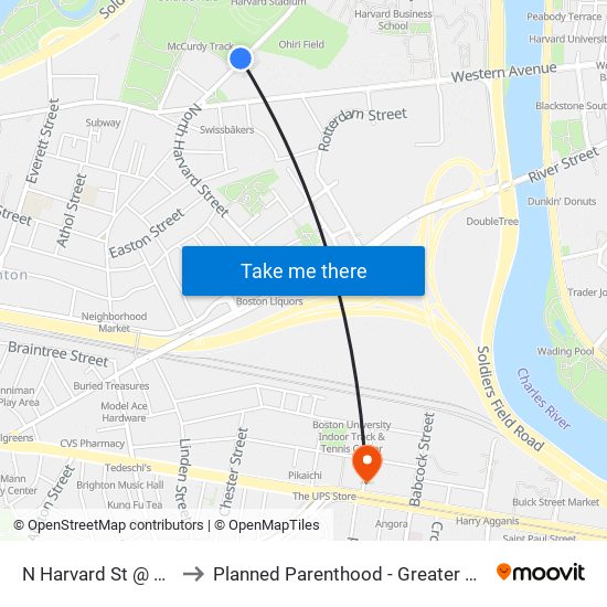 N Harvard St @ S Campus Dr to Planned Parenthood - Greater Boston Health Center map