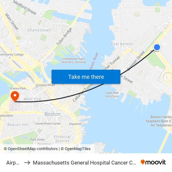 Airport to Massachusetts General Hospital Cancer Center map